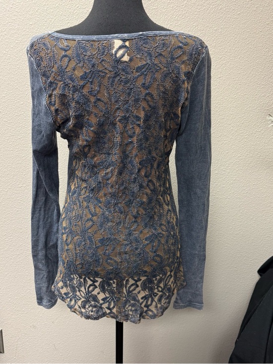 Daytrip Blue Thermal Top Lace Back Rhinestone Long Sleeve Boho Medium - Picture 5 of 9